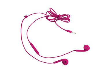 Beautiful purple headphones for smartphones, tablets, music players and a computer with a headset, on a white isolated background