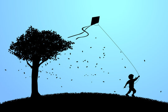 silhouette of boy running with flying kite in the sky with big tree. Concept of children play and learn.