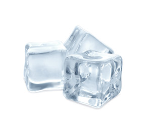 Crystal clear ice cubes on white background