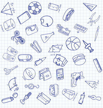 Vector set of secondary school icons in doodle style. Painted, drawn with a pen, on a sheet of checkered paper