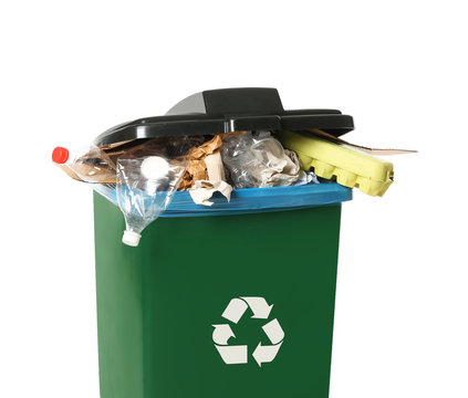 Trash Bin With Garbage On White Background. Waste Recycling