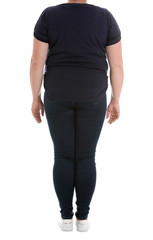 Overweight woman on white background, closeup. Weight loss