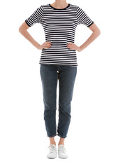 Obraz premium Young slim woman on white background, closeup. Weight loss