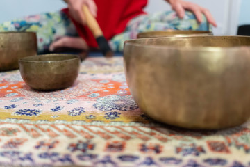 Tibetan singing bells or bowl. Bright color. Relaxing music.