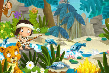 Cartoon scene with prehistoric fishermen near the river fishing and with sabre tooth tiger - illustration for children