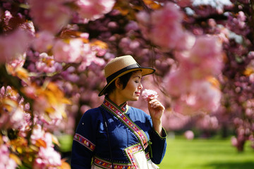 Portrait d'une femme Hmong au milieu des sakura en fleur