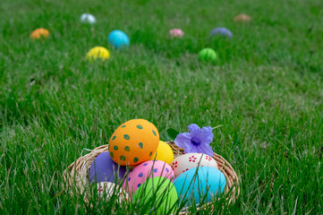 Fototapeta premium Happy Easter. Easter eggs concept. The colorful of Easter eggs in nest on grass green background.