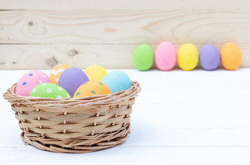Happy Easter Day. Easter eggs concept. Closeup Colorful Easter eggs in nest and basket on white wooden background.
