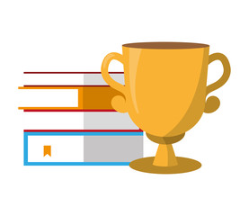 books stacked and trophy