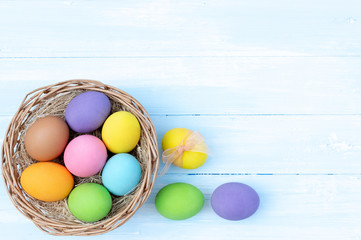 Happy Easter. Easter eggs concept. Easter eggs in basket on pale blue background and copy space for advertisers.