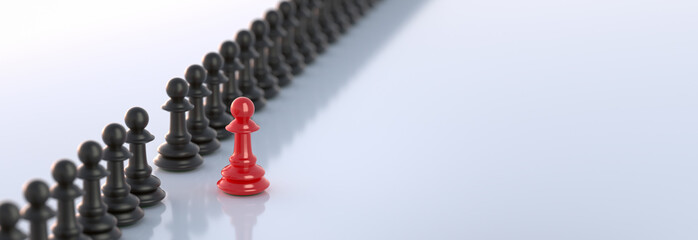 Leadership concept, red pawn of chess, standing out from the crowd of blacks
