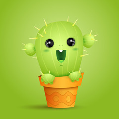 cute little smiling green cactus in a pot 