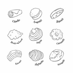 Collection of traditional Italian desserts. Hand drawn sketch in doodle style.