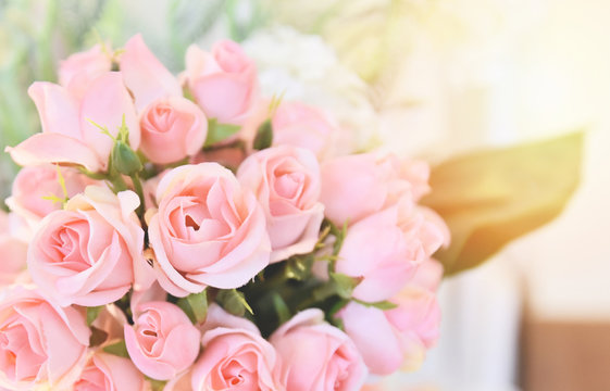 Pink Rose Flower / Soft And Light Pink Roses Blooming Spring Bouquet On Table Blur Background