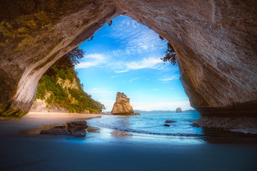 view from the cave at cathedral cove,coromandel,new zealand 48
