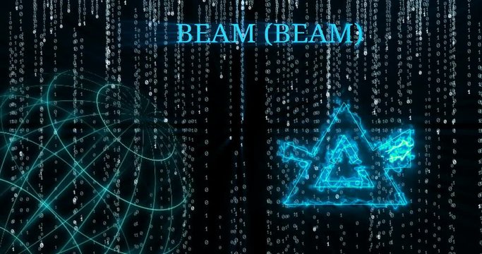 Glowing Beam (BEAM) symbol against falling binary code symbols