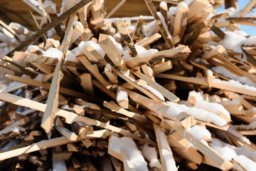 Wood waste. Wreck boards. Waste from the boards. Firewood.