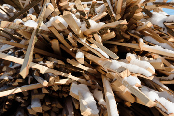Wood waste. Wreck boards. Waste from the boards. Firewood.