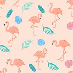 Pink flamingo palm leaves seamless pattern. Tropical illustration. Exotic plants and birds. Summer beach design. Paradise nature