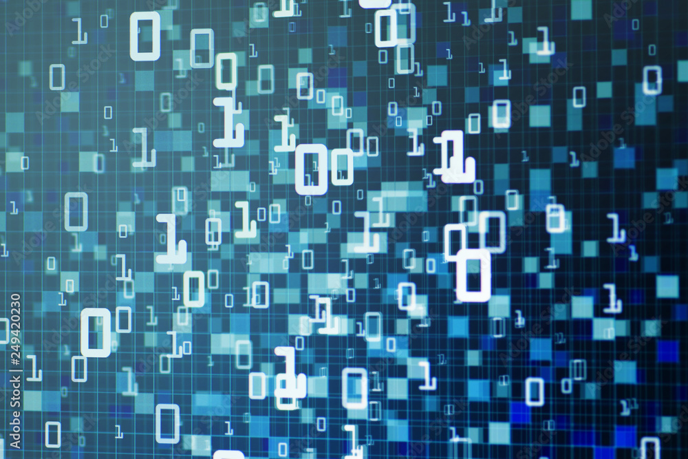 Poster Digital technology binary background. light blue digital data flowing from top to bottom of the frame. blue block pixel abstract background for computer data information concepts.