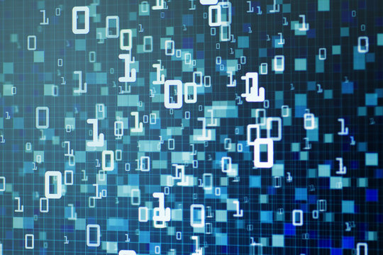 Digital technology binary background. light blue digital data flowing from top to bottom of the frame. blue block pixel abstract background for computer data information concepts.