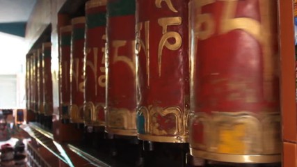 Buddhist prayer wheel Hurde. Prayer drums in a Buddhist sanctuary. India, Madhya Pradesh