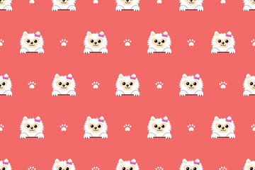 Vector cartoon character white pomeranian dog seamless pattern background for design.