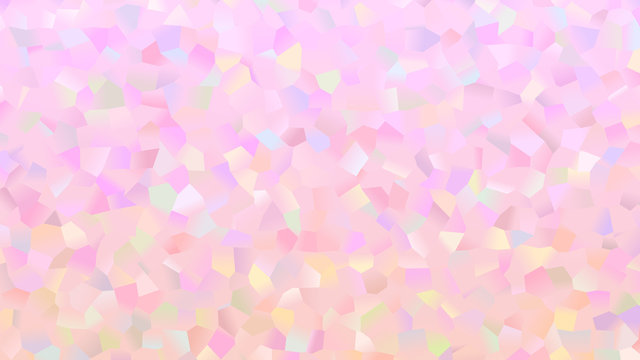 Iridescent Pink Glittering Irregular Polygonal Pattern. Terrazzo Style Low Poly Polygon Background in Pink, Blue and Yellow Gradients. Shiny Pinkish Mother-of-pearl Opalescent Sparkling Random Specs.