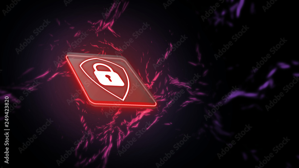 Poster 3d rendering of red shield logo on microchip with glowing background. concept of business security. 