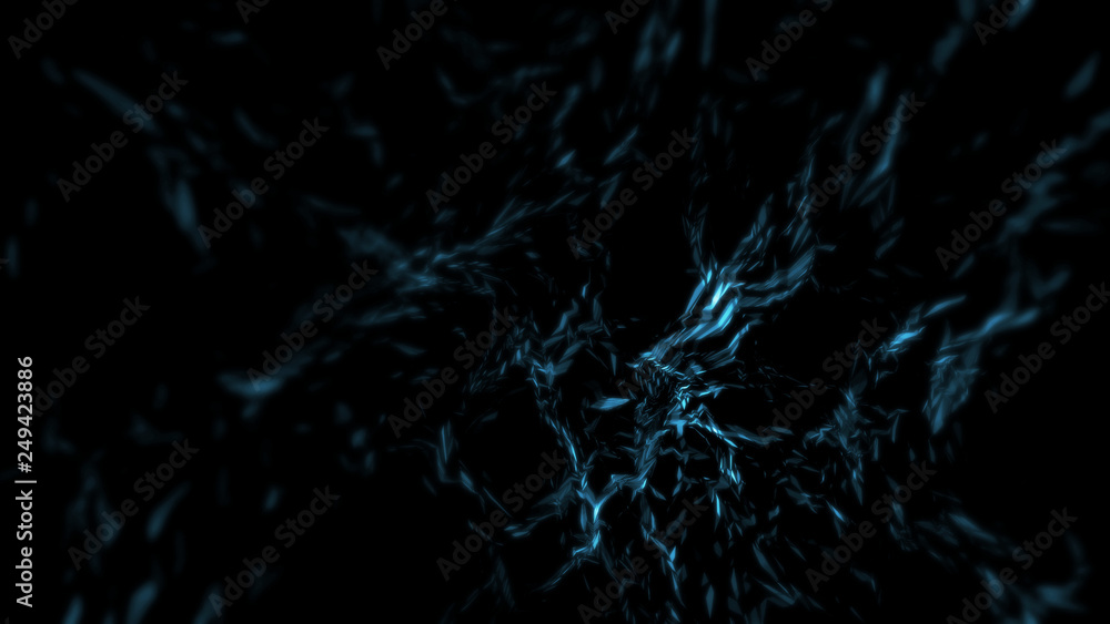 Poster 3d rendering of abstract futuristic polygonal geometry shape with glowing led blue color laser beam 