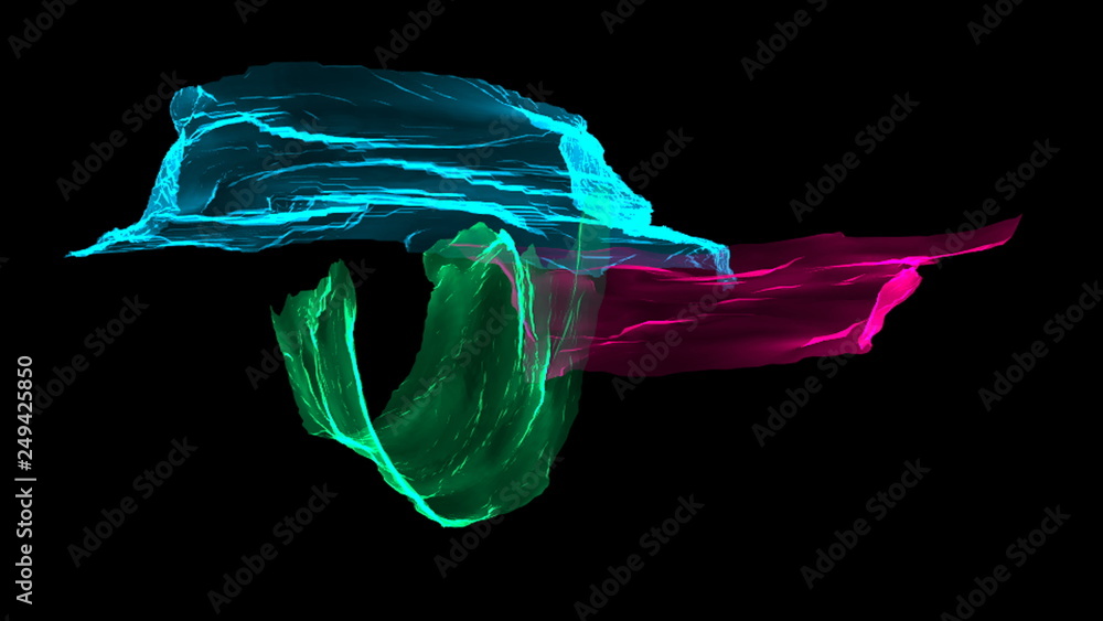 Poster colorful distorted ribbons flying on wind, romantic 3d rendering computer generated background