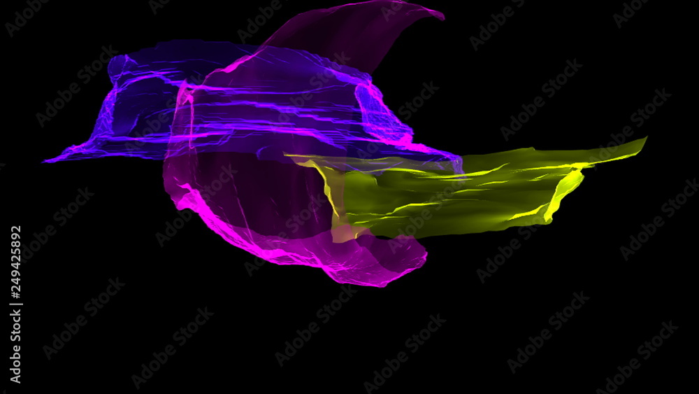 Poster colorful distorted ribbons flying on wind, romantic 3d rendering computer generated background