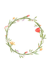 Watercolor frame of flowers, vine, leaf. Botanic ornament concept. Painting on white background. Isolated illustration for your unique decoration with greeting card, valentine card, wedding card.