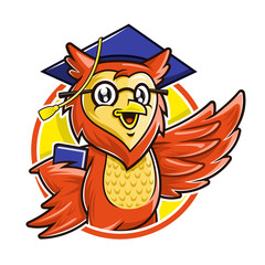 Owl mascot character wearing glasses and graduation cap holding book, Education mascot