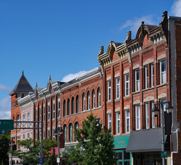 Facades of preserved 19th century commercial buildings of the type found in some older North American small town main streets