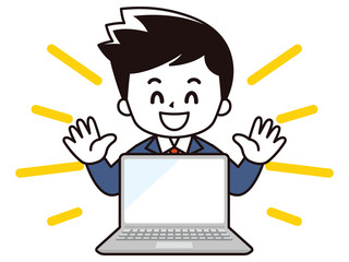 ノートパソコンと笑顔のスーツの男性