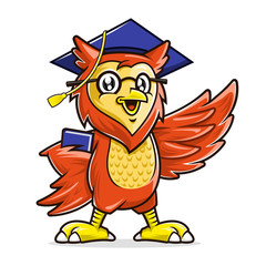Owl mascot character wearing glasses and graduation cap holding book, Education mascot