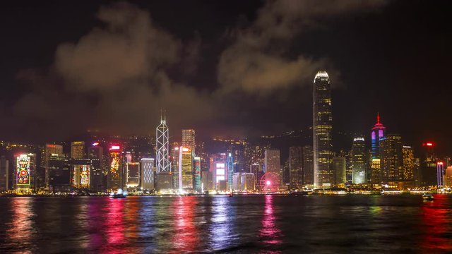 Hong Kong skyline at night. Victoria Harbour and Hong Kong Central, time lapse video, 4k version.	
