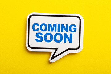 Coming Soon Speech Bubble Isolated On Yellow Background