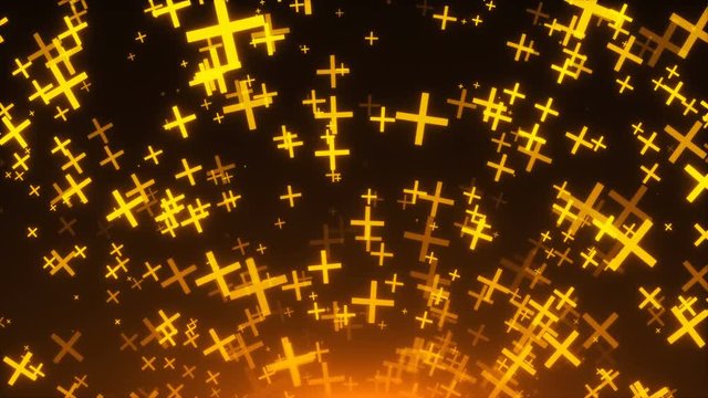 Many gold crosses are in space, 3d rendering background, golden explosion of particles, computer generated backdrop