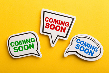 Coming Soon Speech Bubble Isolated On Yellow Background