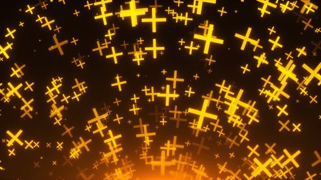 Many gold crosses are in space, 3d rendering background, golden explosion of particles, computer generated backdrop