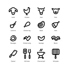 meat and grill icons vector set