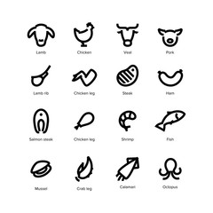 Meat and fish icons vector set