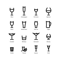 Alcohol drinks glass icons vector set