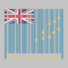 Barcode set the color of Tuvalu flag, a Light Blue Ensign with the Map of the Island of nine yellow stars. text: Made in Tuvalu.