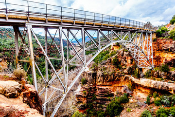 The steel structure of Midgely Bridge on Arizona SR89A between Sedona and Flagstaff. The bridge...