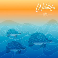 Wildlife Day card of turtles swimming underwater