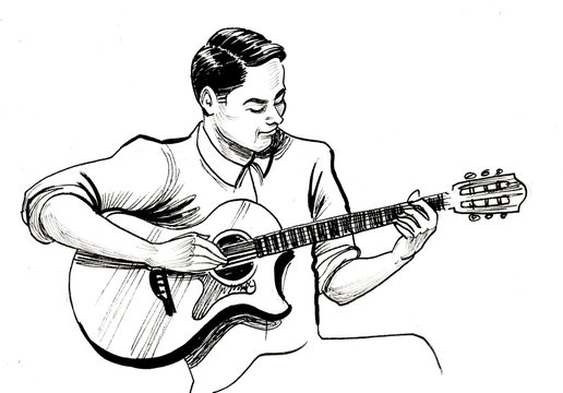 Young man playing an acoustic guitar. Ink black and white illustration