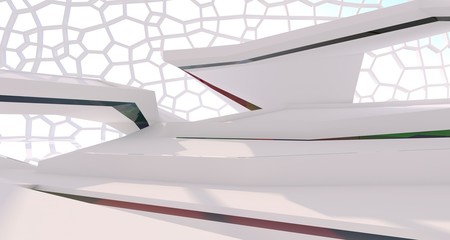 Abstract white and colored gradient glasses interior multilevel public space with window. 3D illustration and rendering.